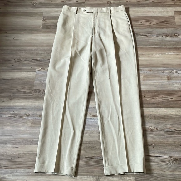 Oscar De La Renta Freedom suit pants Tan Pleated Cuffed Lightweight Mens 35 X 32 - Picture 1 of 11